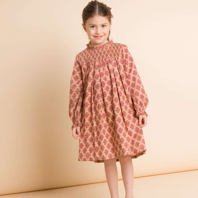 Smocked Long Sleeve Dress, Vintage Pink - Dresses - 2