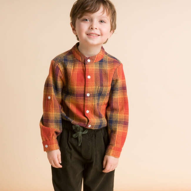 Boys Long Sleeve Flannel Check Shirt, Orange Plaid - Shirts - 2