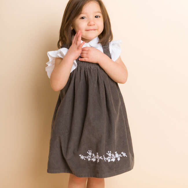 Toddler Pinafore Corduroy Dress with Embroidery, Gray & White - Dresses - 2