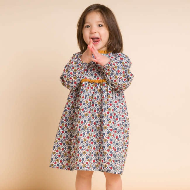 Toddler Long Sleeves Dress with Lace Trim, Mustard and Blue Floral - Dresses - 2