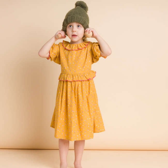 Ruffle Collar Long Sleeve Dress, Mustard and Pink - Dresses - 3