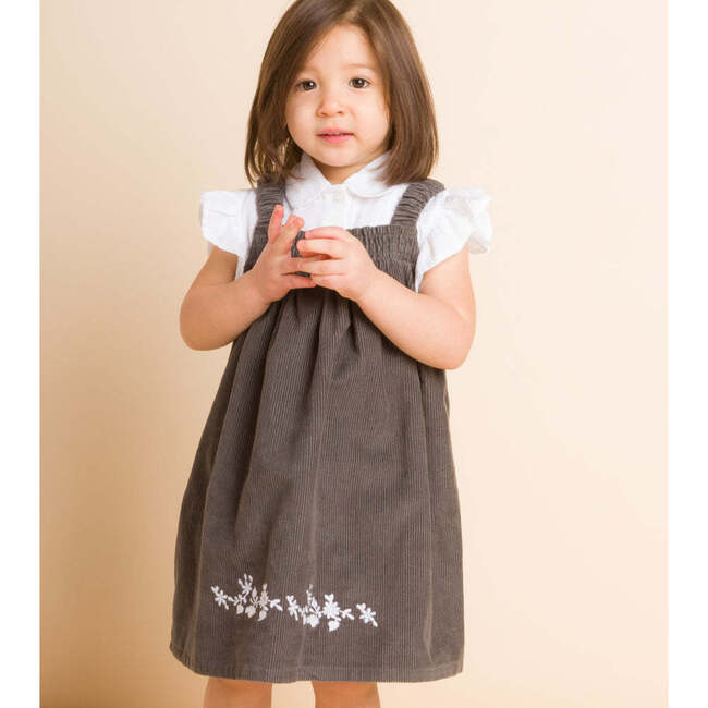 Toddler Pinafore Corduroy Dress with Embroidery, Gray & White - Dresses - 3