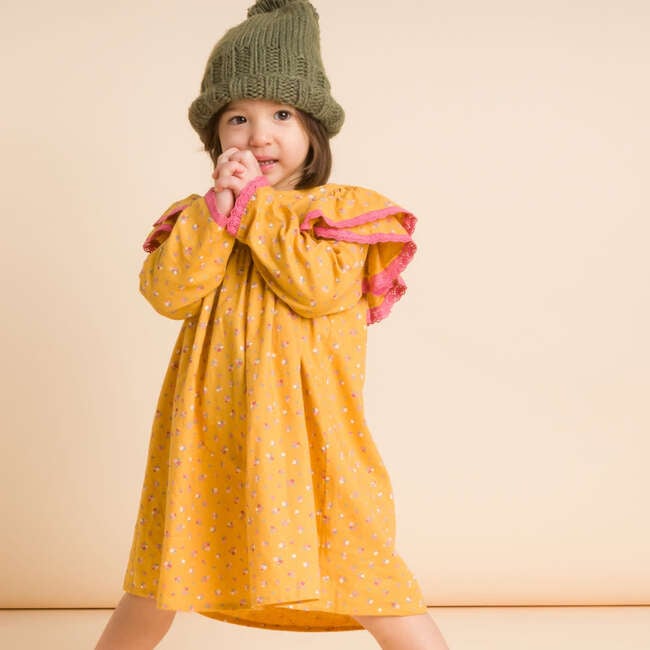 Toddler Long Flutter Sleeves Dress with Lace Trim, Mustard & Pink - Dresses - 3