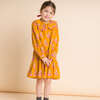 Wide Collar Long Sleeve Dress with Low Waist, Mustard and Pink - Dresses - 4