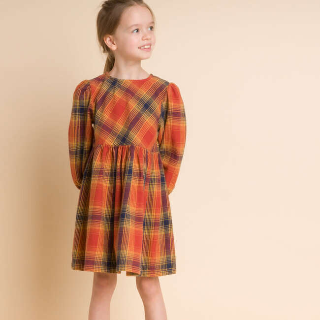 Girls' Long Sleeve Plaid Flannel Dress, Orange - Dresses - 5