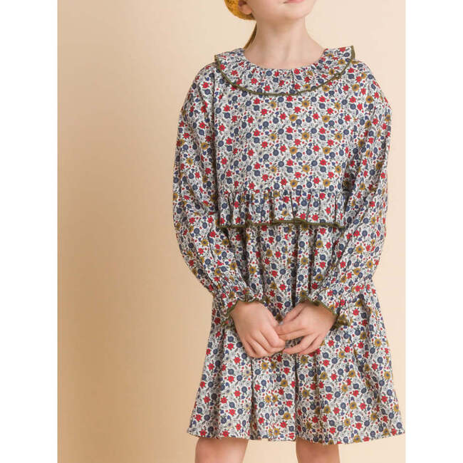 Ruffle Collar Long Sleeve Dress, Blue and Mustard Floral - Dresses - 4