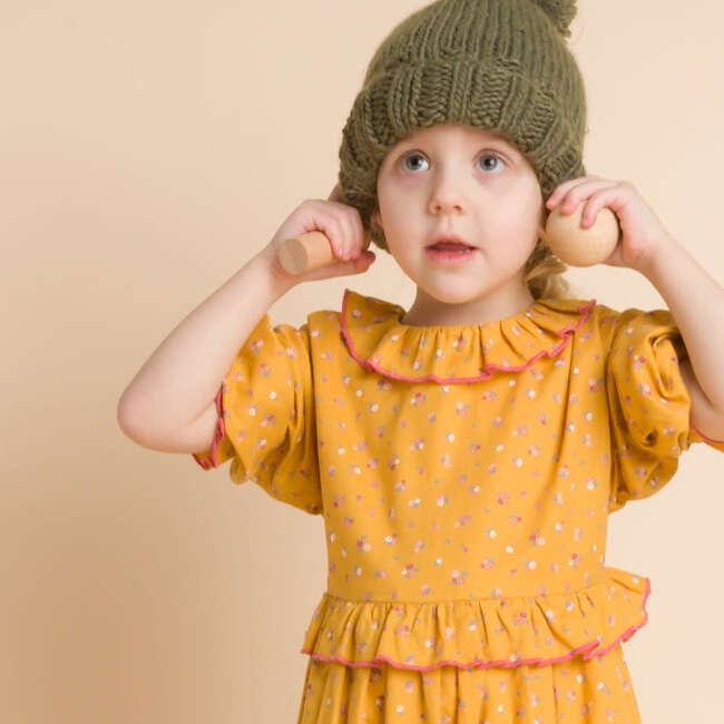 Ruffle Collar Long Sleeve Dress, Mustard and Pink - Dresses - 4