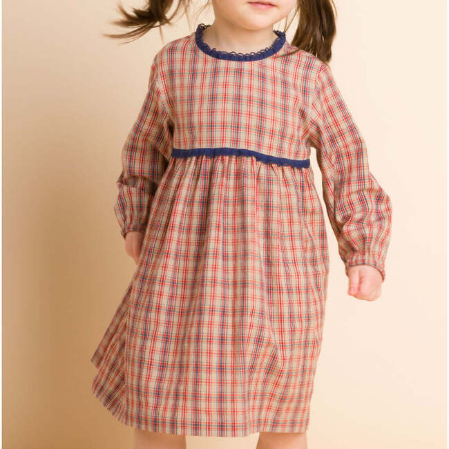 Toddler Long Sleeves Dress with Lace Trim, Red and Blue Check - Dresses - 3