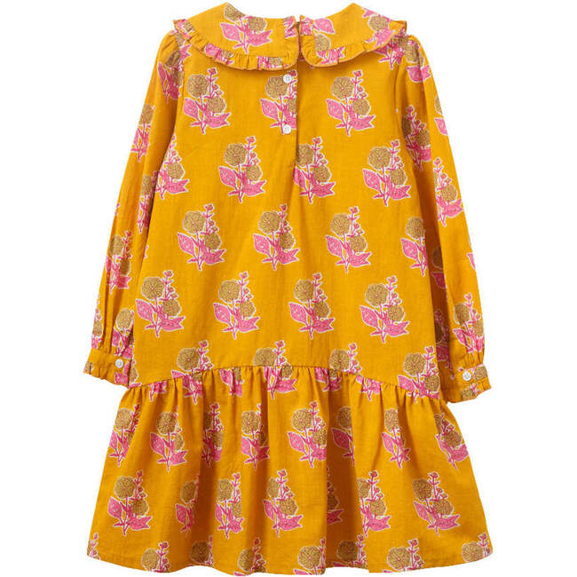 Wide Collar Long Sleeve Dress with Low Waist, Mustard and Pink - Dresses - 5