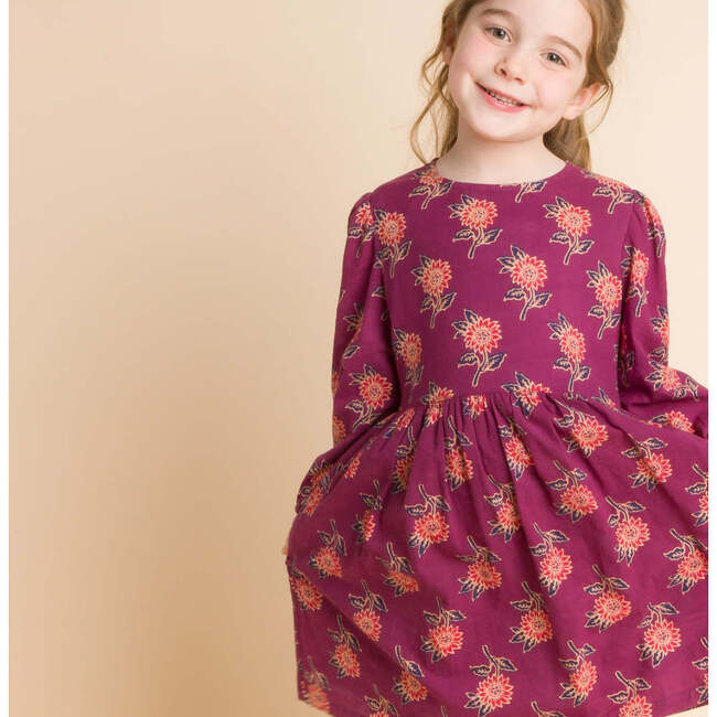 Girls' Long Sleeve Dress with Floral Motif, Purple & Red - Dresses - 5