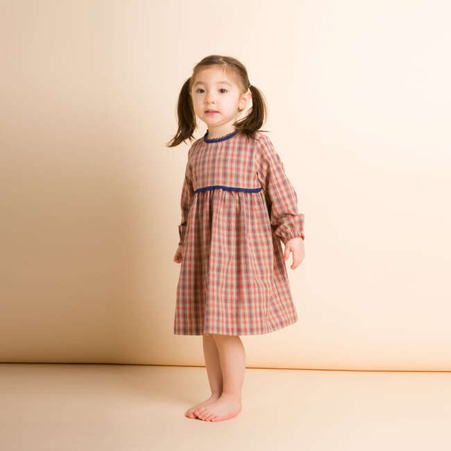 Toddler Long Sleeves Dress with Lace Trim, Red and Blue Check - Dresses - 4