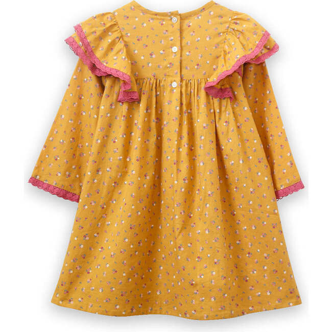 Toddler Long Flutter Sleeves Dress with Lace Trim, Mustard & Pink - Dresses - 6