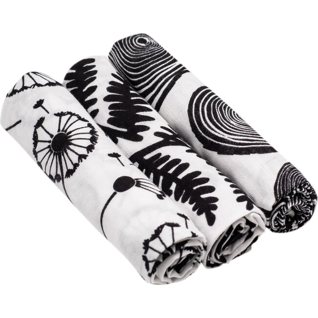 Plant Print Muslins Burp Cloths, Black And White (Pack Of 3)