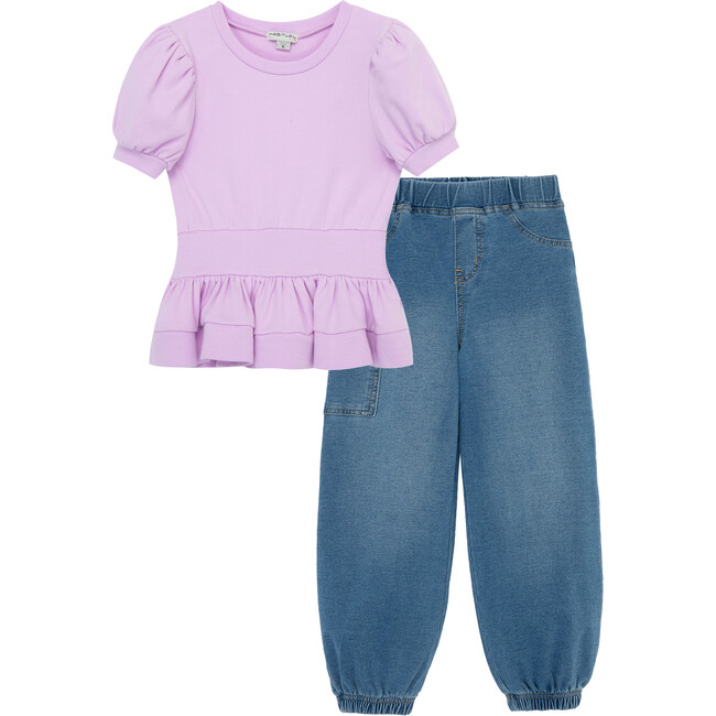 Ribbed Top & Denim Jogger Set, Lilac