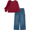 Sweatshirt & Denim Cargo Set, Burgundy - Sweatshirts - 1 - thumbnail