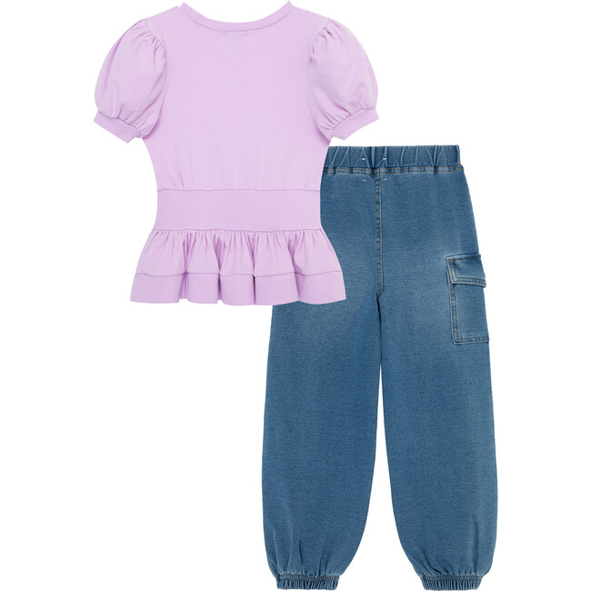 Ribbed Top & Denim Jogger Set, Lilac - Mixed Apparel Set - 2