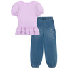 Ribbed Top & Denim Jogger Set, Lilac - Mixed Apparel Set - 2