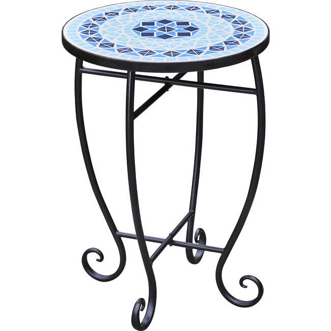 Small 14" Round Outdoor Mosaic Side Table Planter Stand, Blue