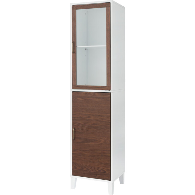 Tyler Modern Wooden Linen Tower Tall Storage Cabinet with Two Doors for Bathrooms or Hallways, Walnut/White, 13" x 15" x 63"