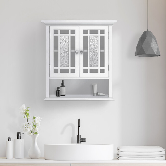 Windsor Wooden Wall Cabinet with Glass Mosaic Doors, White - Cabinets - 2