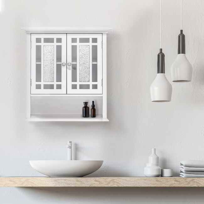 Windsor Wooden Wall Cabinet with Glass Mosaic Doors, White - Cabinets - 3