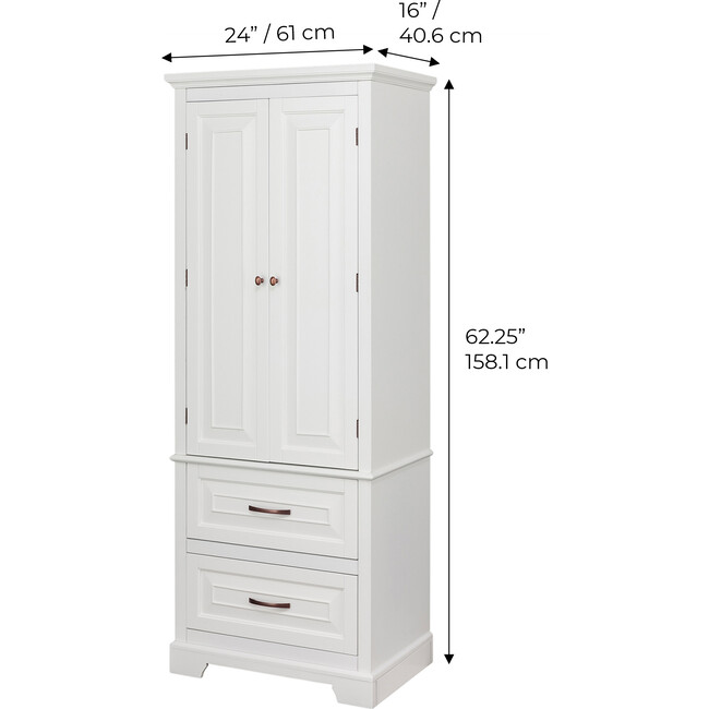 St. James Wooden Linen Tower Cabinet with 2 Drawers, White - Cabinets - 4