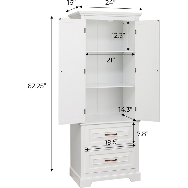 St. James Wooden Linen Tower Cabinet with 2 Drawers, White - Cabinets - 5