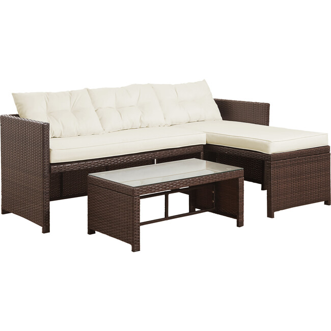 Outdoor 3-Piece Rattan Patio Set with Loveseat, Chaise Lounge, Table, Brown/White