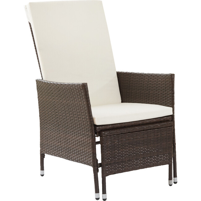 Outdoor Rattan Patio Lounge Chair with Pull-Out Ottoman and Cushions, Brown/White