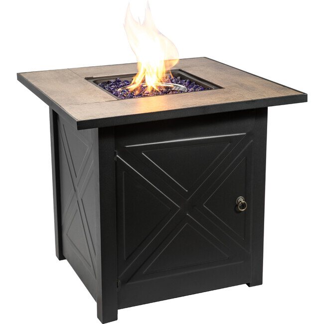 Outdoor Square 30" Propane Ceramic Gas Fire Pit with Steel Base, Black/Stone
