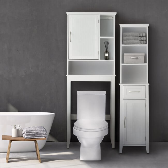 Newport Contemporary Wooden Over-the-Toilet Storage Cabinet with Shelves, White - Cabinets - 2