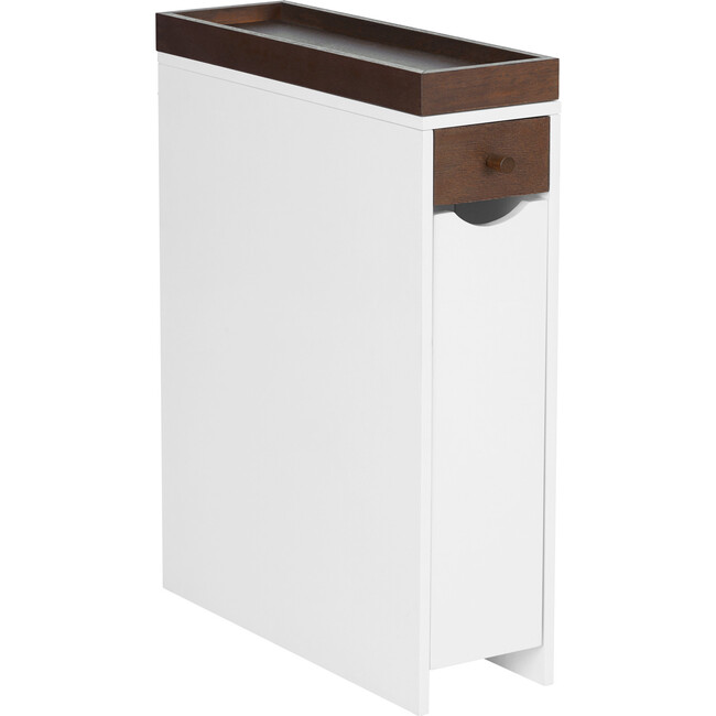 Narrow Freestanding Cabinet with Storage, Slide Out Drawers and Removable Wooden Tray, 6.5" (L) x 24.5" (H), White/Brown