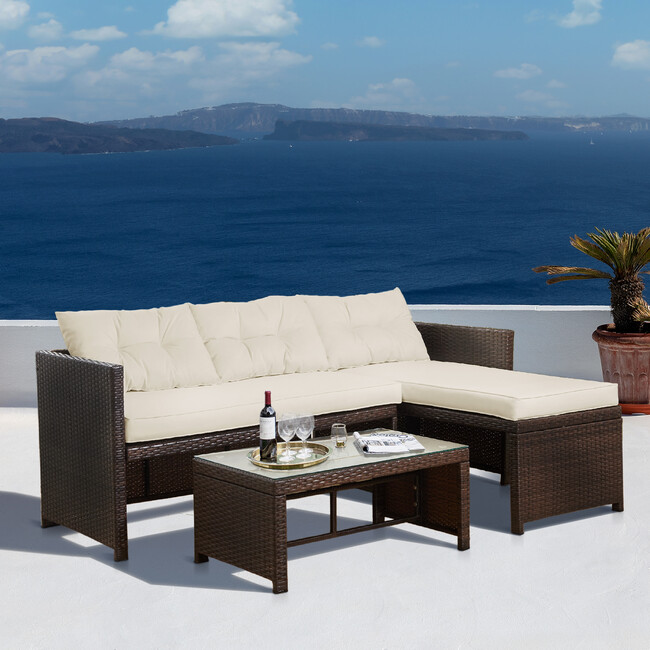 Outdoor 3-Piece Rattan Patio Set with Loveseat, Chaise Lounge, Table, Brown/White - Outdoor Home - 3