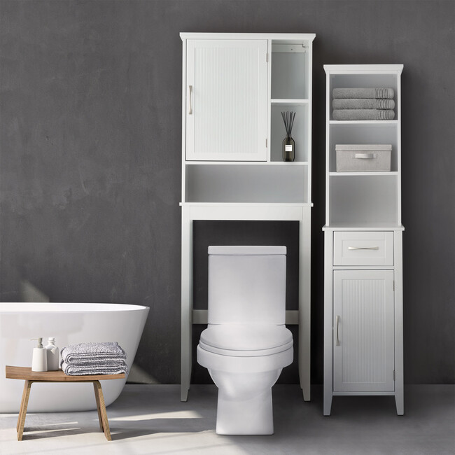 Newport Contemporary Wooden Linen Tower Storage Cabinet with Open Shelves, White - Cabinets - 3