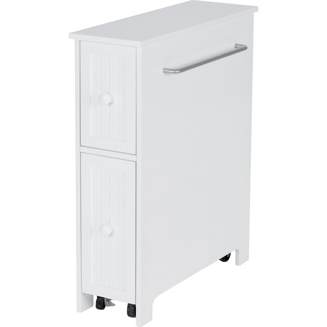 Narrow Freestanding Beadboard Cabinet with Two Storage Drawers and Chrome Towel Bar for Tight Spaces 6.5" (L) x 25" (H), White - Cabinets - 1