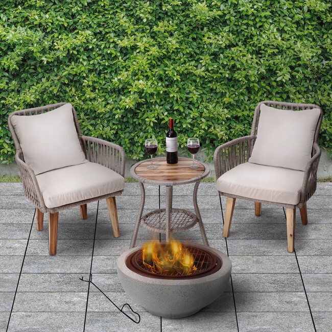 Outdoor 24" Wood Burning Fire Pit with Grill Grate and Faux Concrete Base Gray - Outdoor Home - 3