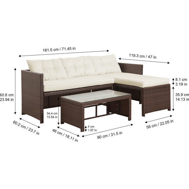 Outdoor 3-Piece Rattan Patio Set with Loveseat, Chaise Lounge, Table, Brown/White - Outdoor Home - 4