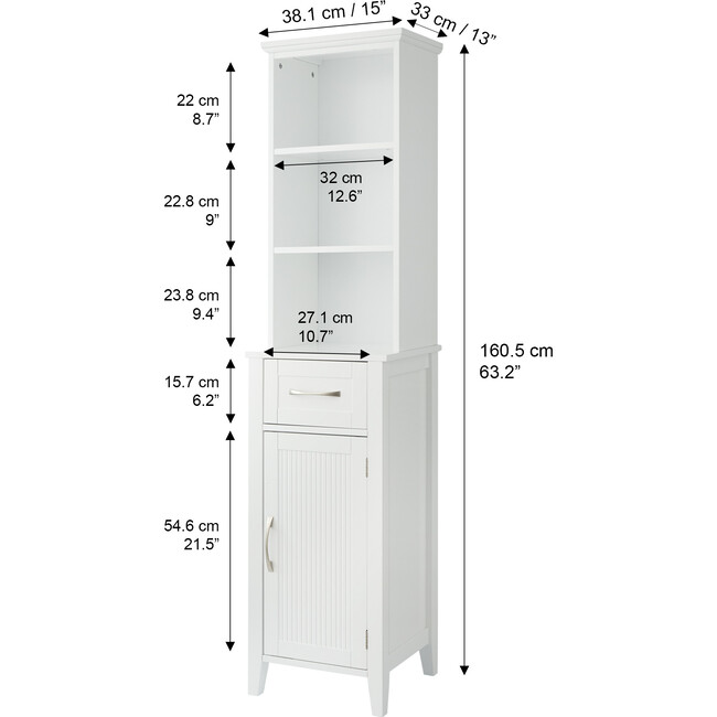 Newport Contemporary Wooden Linen Tower Storage Cabinet with Open Shelves, White - Cabinets - 4