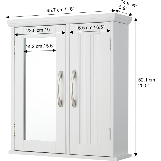 Newport Contemporary Wooden Wall-Mount Medicine Storage Cabinet with Mirrored Door for Bathrooms and Vanities, White, 6" x 18" x 20.5" - Cabinets - 4