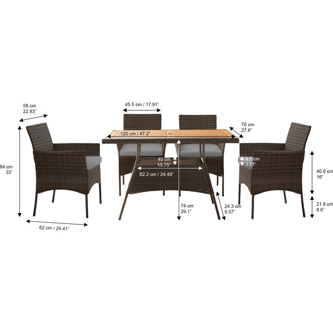 Outdoor 5-Piece Rattan and Acacia Wood Patio Dining Set with Four Chairs, Table, Brown - Outdoor Home - 4