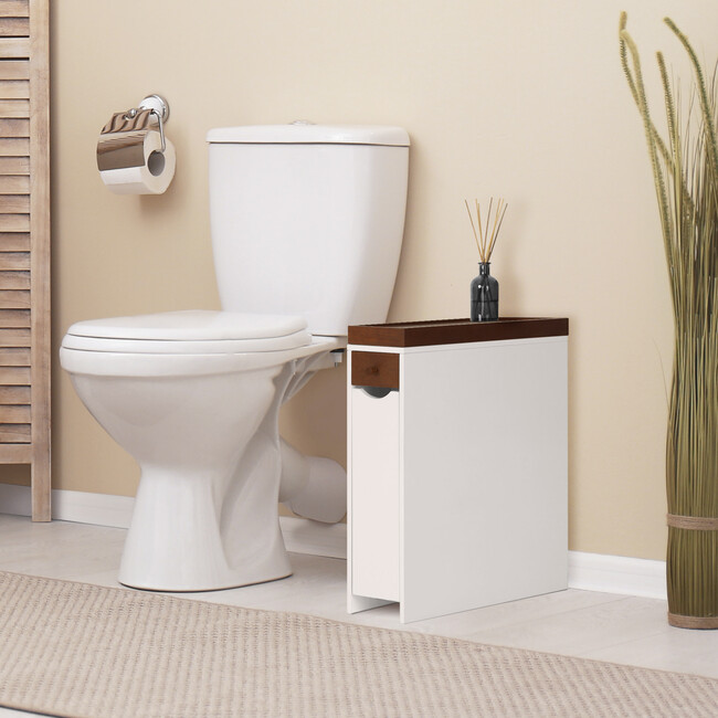 Narrow Freestanding Cabinet with Storage, Slide Out Drawers and Removable Wooden Tray, 6.5" (L) x 24.5" (H), White/Brown - Cabinets - 3