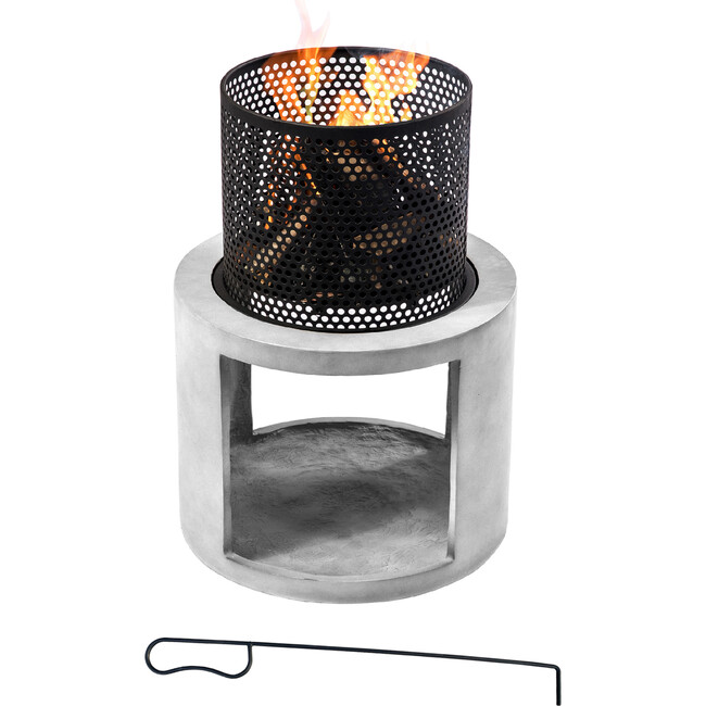 Outdoor 16" Wood Burning Fire Pit with Decorative Log Storage Base for Patios, Porches, Decks, Backyards, Gray/Black, 15.75" x 15.75" x 24" - Outdoor Home - 5