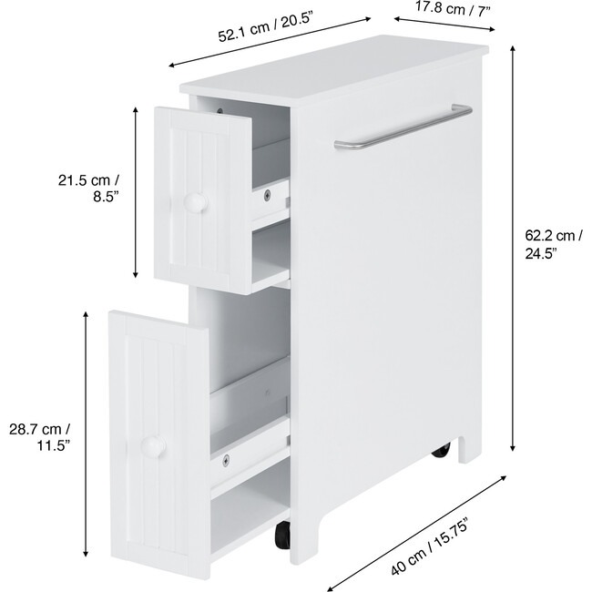 Narrow Freestanding Beadboard Cabinet with Two Storage Drawers and Chrome Towel Bar for Tight Spaces 6.5" (L) x 25" (H), White - Cabinets - 4