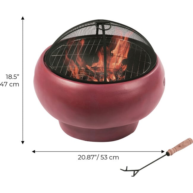 Outdoor 21" Wood Burning Fire Pit with Grill Grate and Faux Concrete Base, Maroon - Outdoor Home - 6