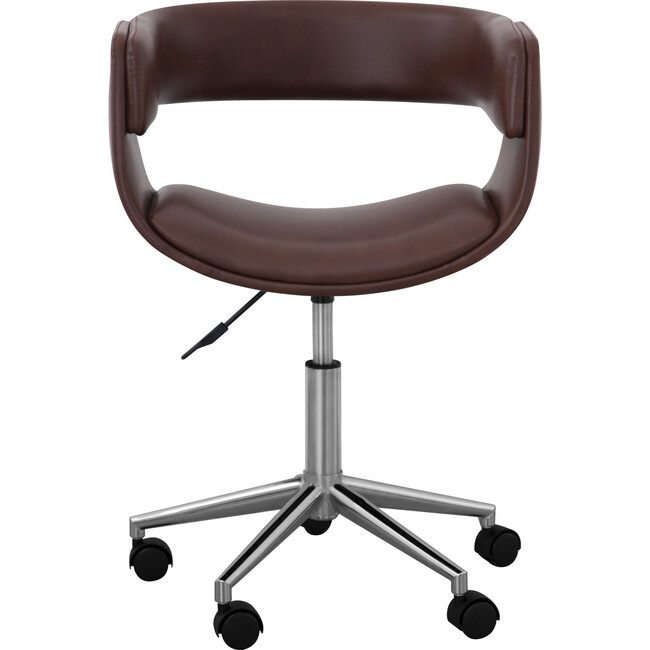 Modern PU Leather Office Chair with Adjustable-Height Ergonomic Mid-Back Seat, Swiveling Base, and Wheels, Brown/Chrome, 20" x 21.26" x 26.38"