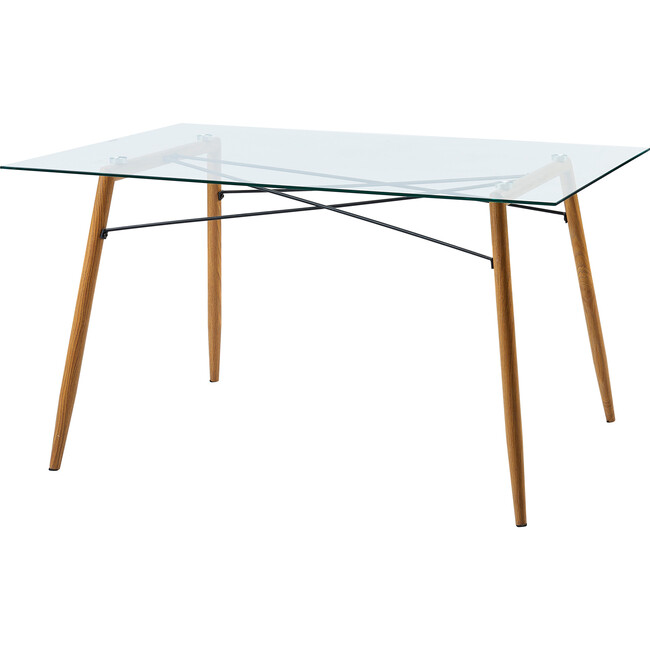 Minimalist Glass Top Dining Table with Wood Base, Natural