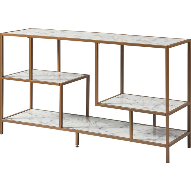 Marmo Modern Media Stand & Console Table with Open Geometric Shelves & Faux Marble Finish, White/Brass