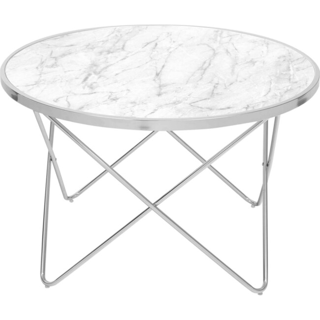Margo Small 32 Inch Round Faux White Carrara Marble Coffee Table with Silver Metal Geometric Criss Cross Base and Legs, White
