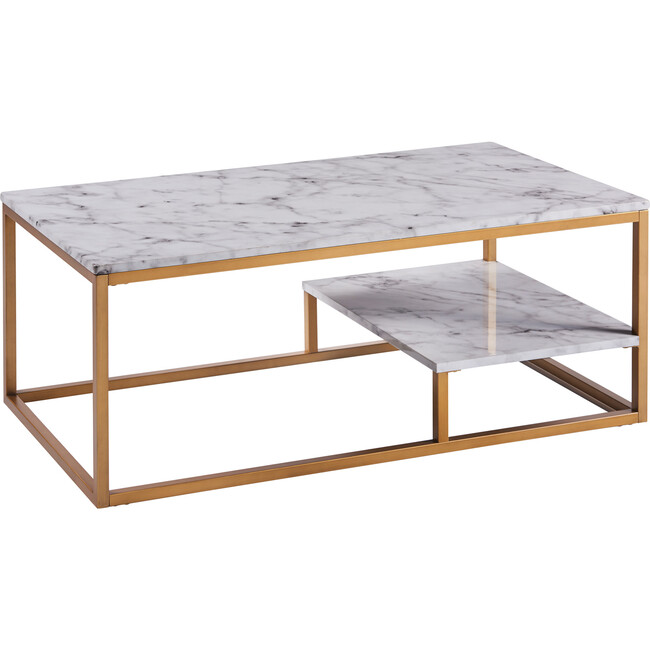 Marmo Modern Marble-Look Coffee Table with Shelf, Marble/Brass