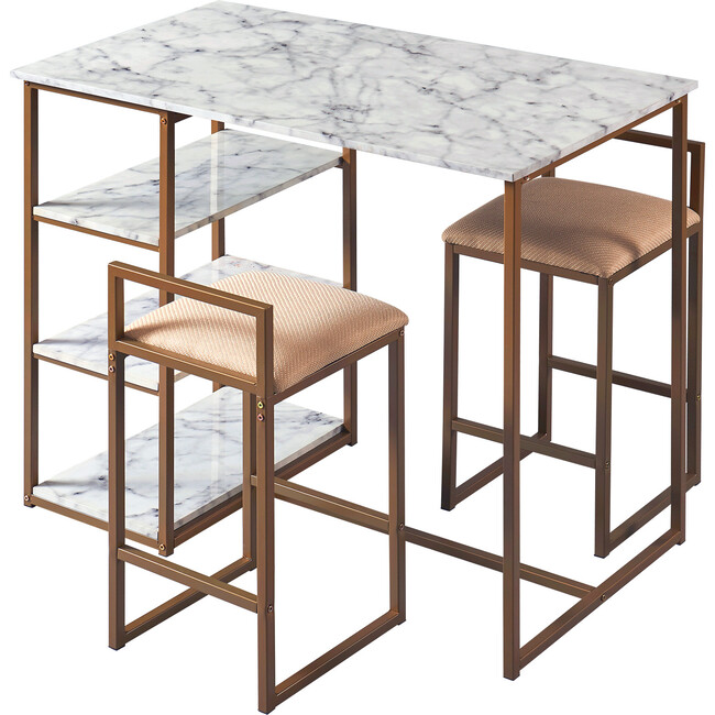 Marmo Breakfast Table Dining Set with Faux Marble Top, Brass Finish